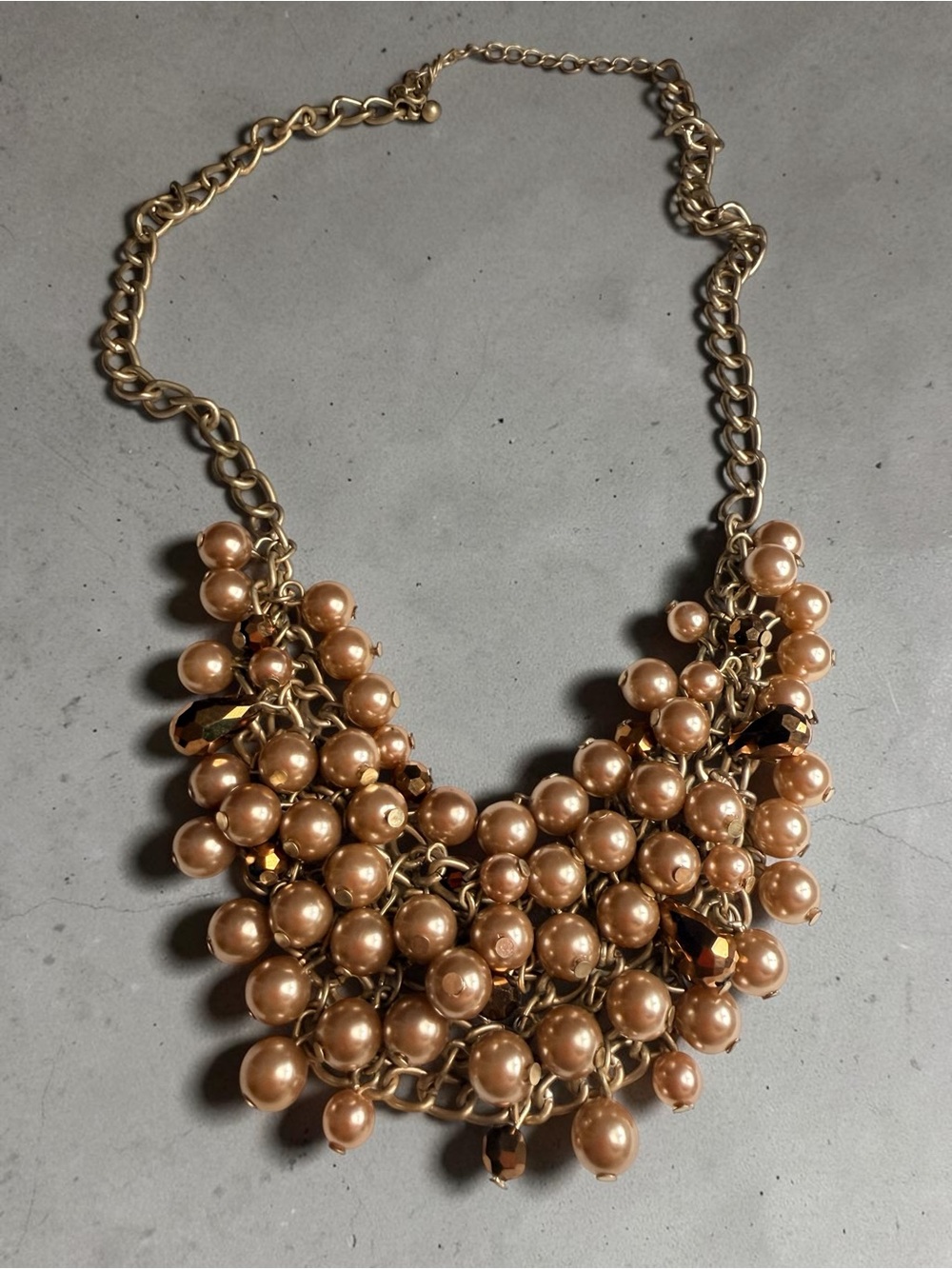 Peach Pearl Cluster Statement Necklace - Gold Tone